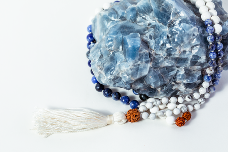 Blue Sodalite and Howlite crystal mala necklace with Rudraksha seed and white silk tassel