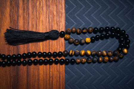 Black Onyx and Tiger's Eye mala necklace with black tassel